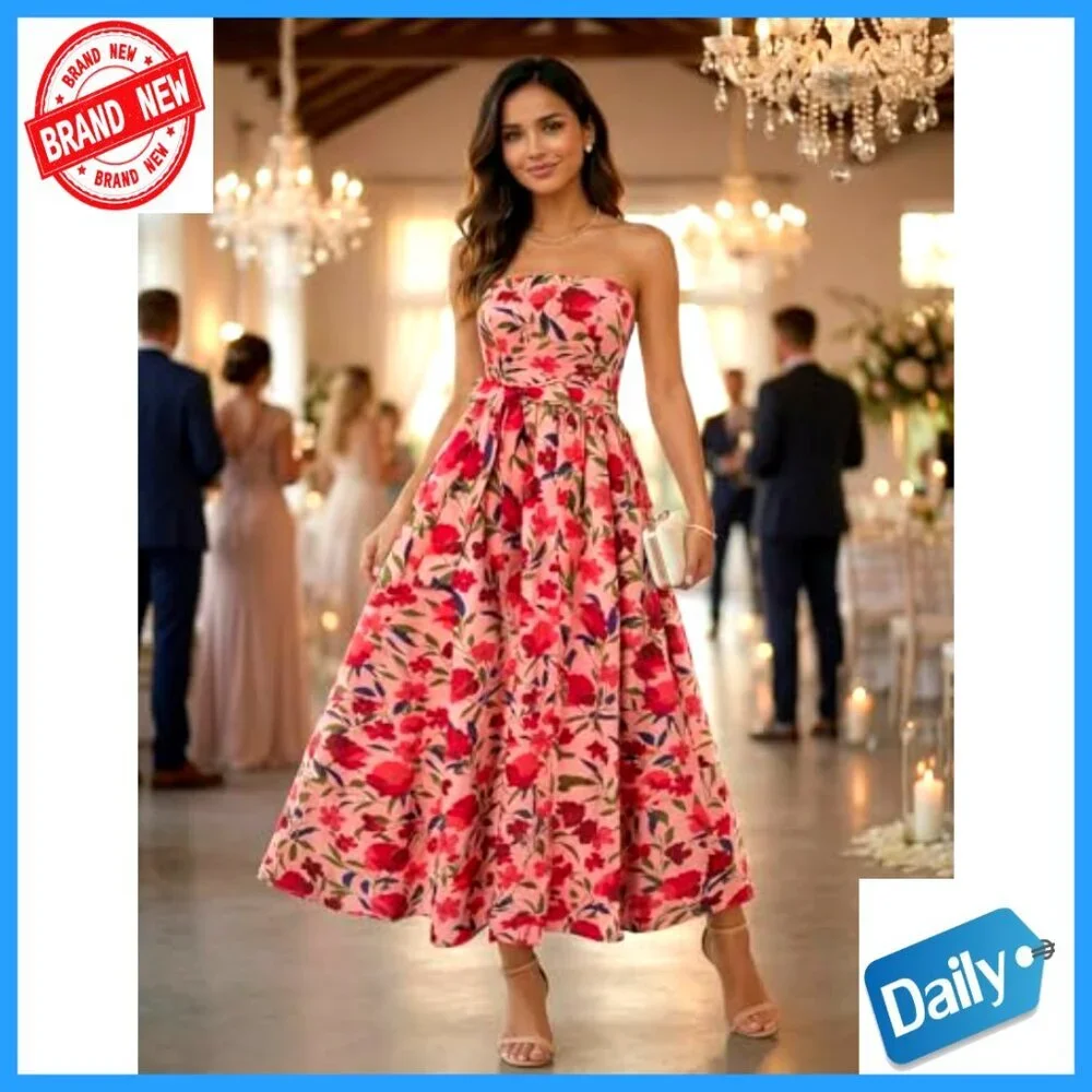 Dresses | Strapless Maxi Dress Floral Smocked Tie High Waist Boho Beach ...